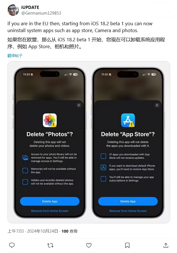 青龙苹果手机维修分享iOS 18.2 支持删除 App Store 应用商店 